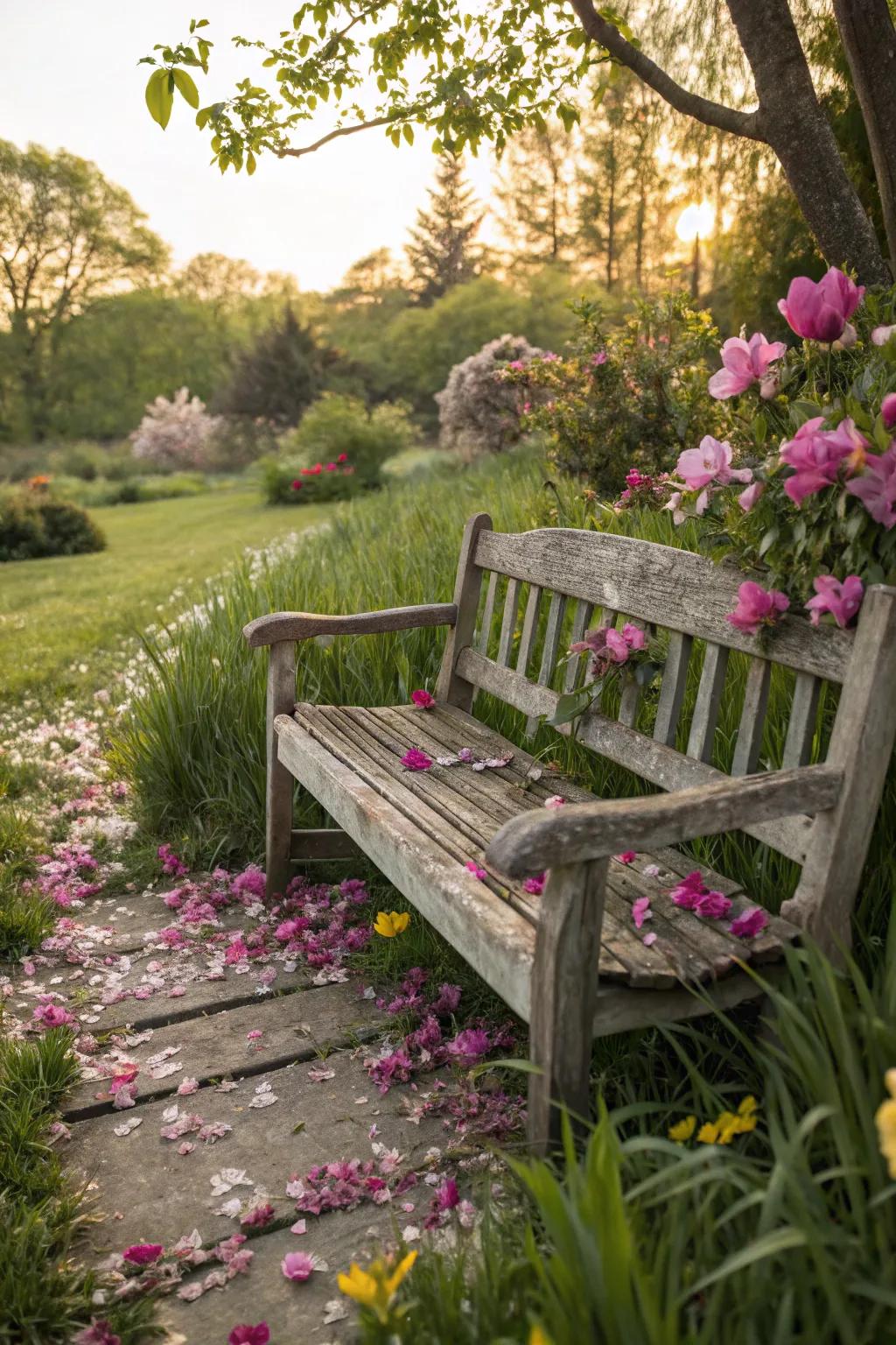 A cozy spot for reflection in the memorial garden.