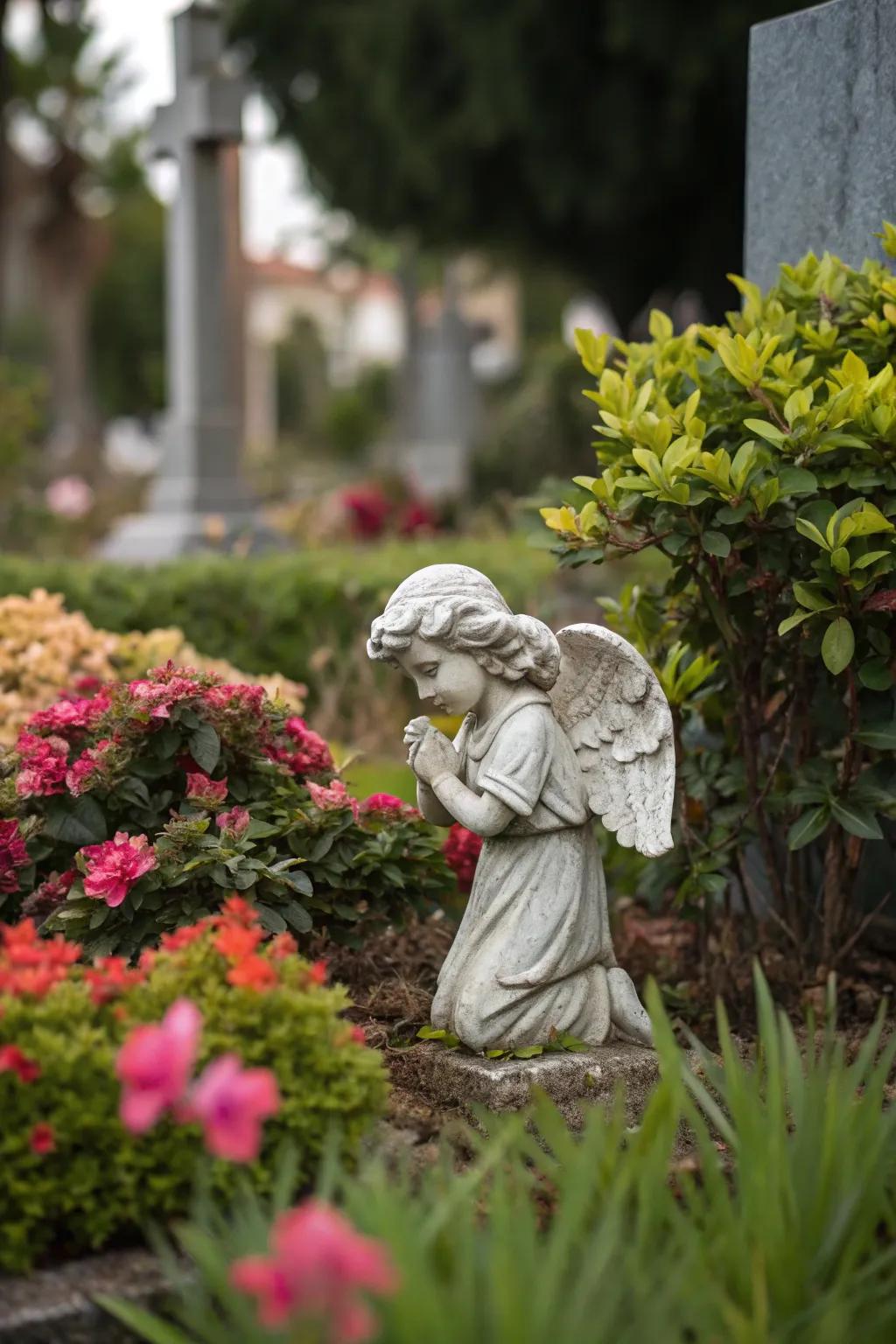 A guardian angel statue in a memorial garden.