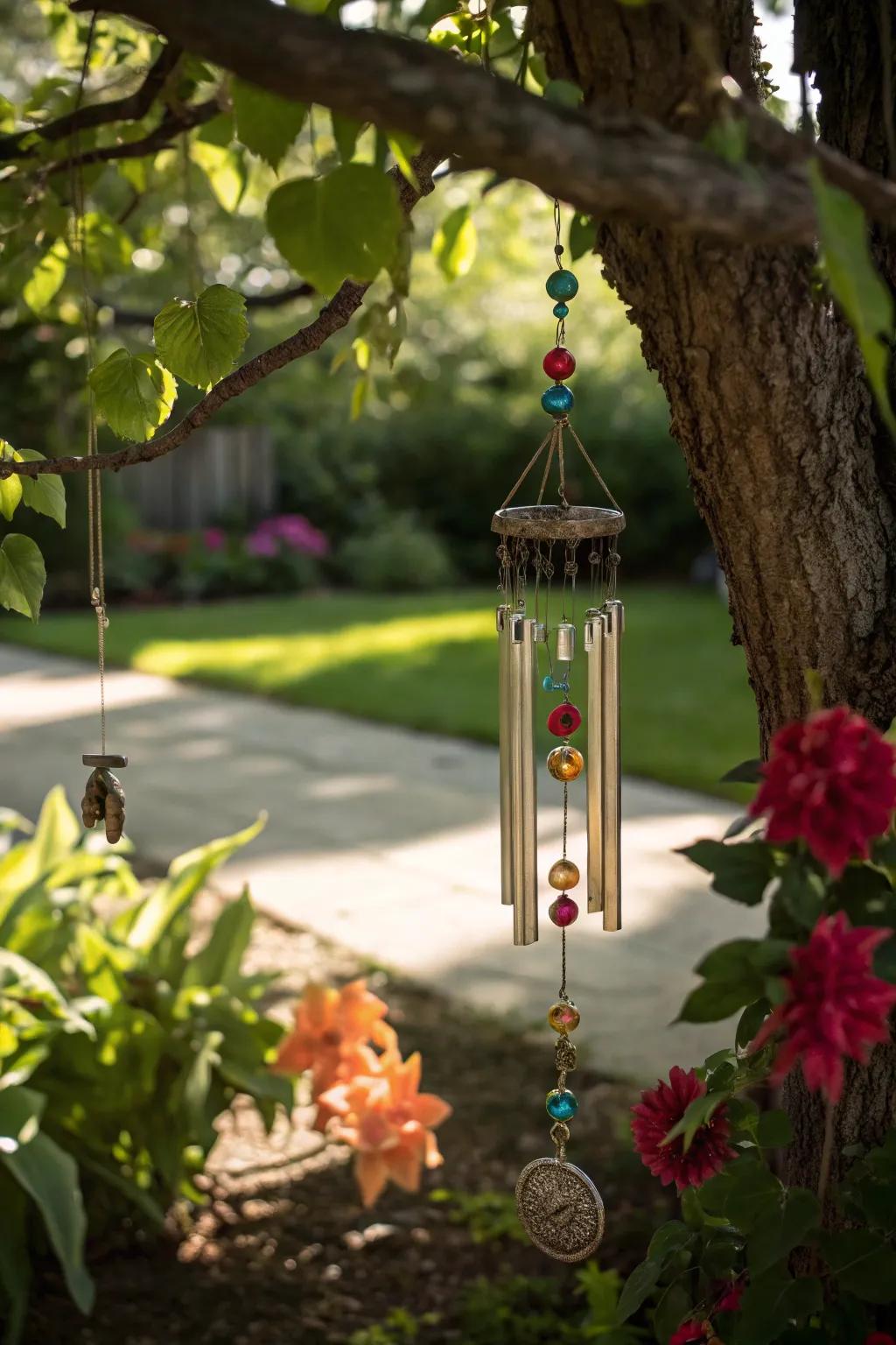 A wind chime offering a soothing melody in the garden.