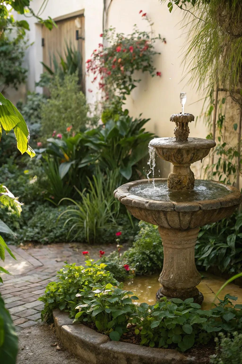 A soothing water feature enhancing the garden's tranquility.