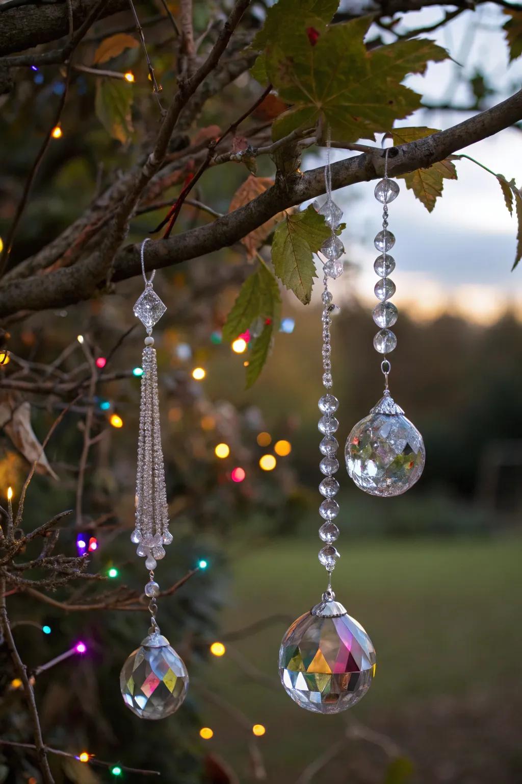 Crystals creating enchanting light patterns in the garden.