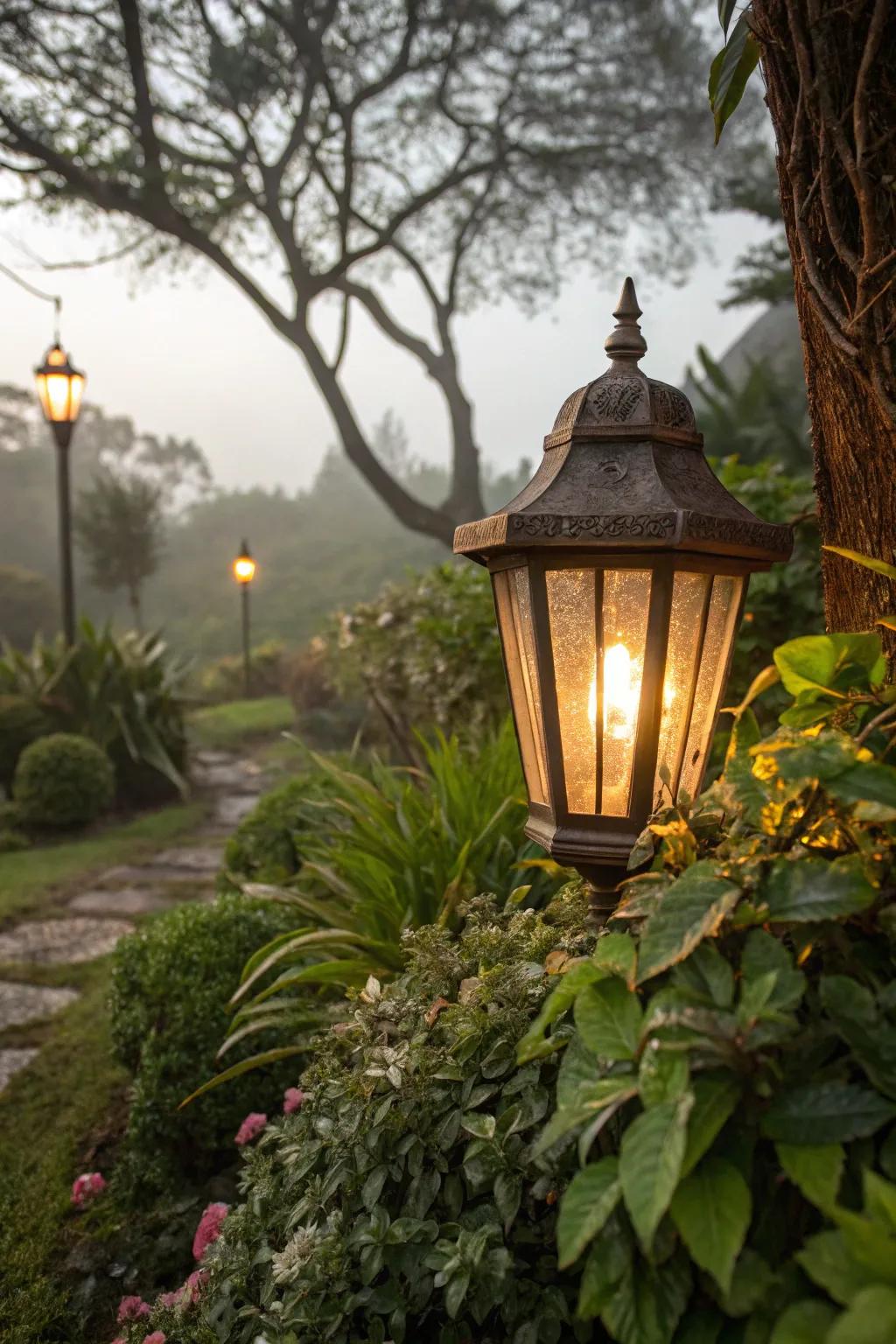 A garden lantern casting a soft glow over a memorial space.