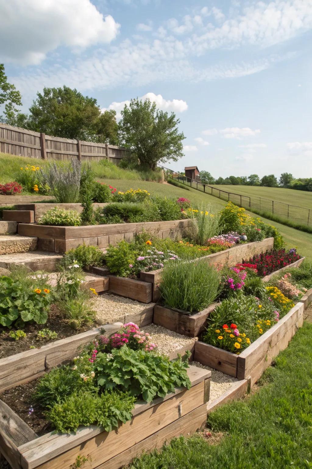 Tiered planting adding depth and dimension to a Kansas garden.