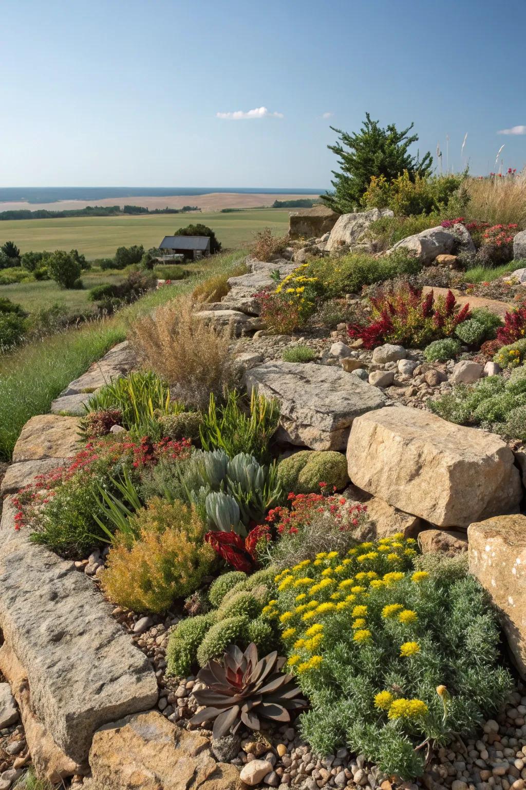 A stunning rock garden with succulents, adding texture to the landscape.