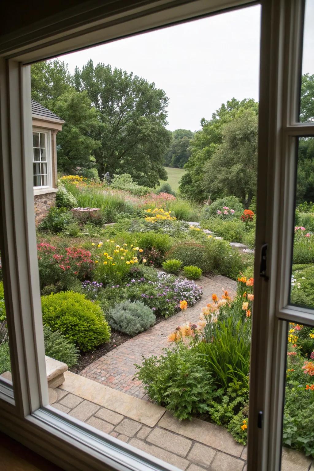 A framed garden view creating a picturesque scene from indoors.