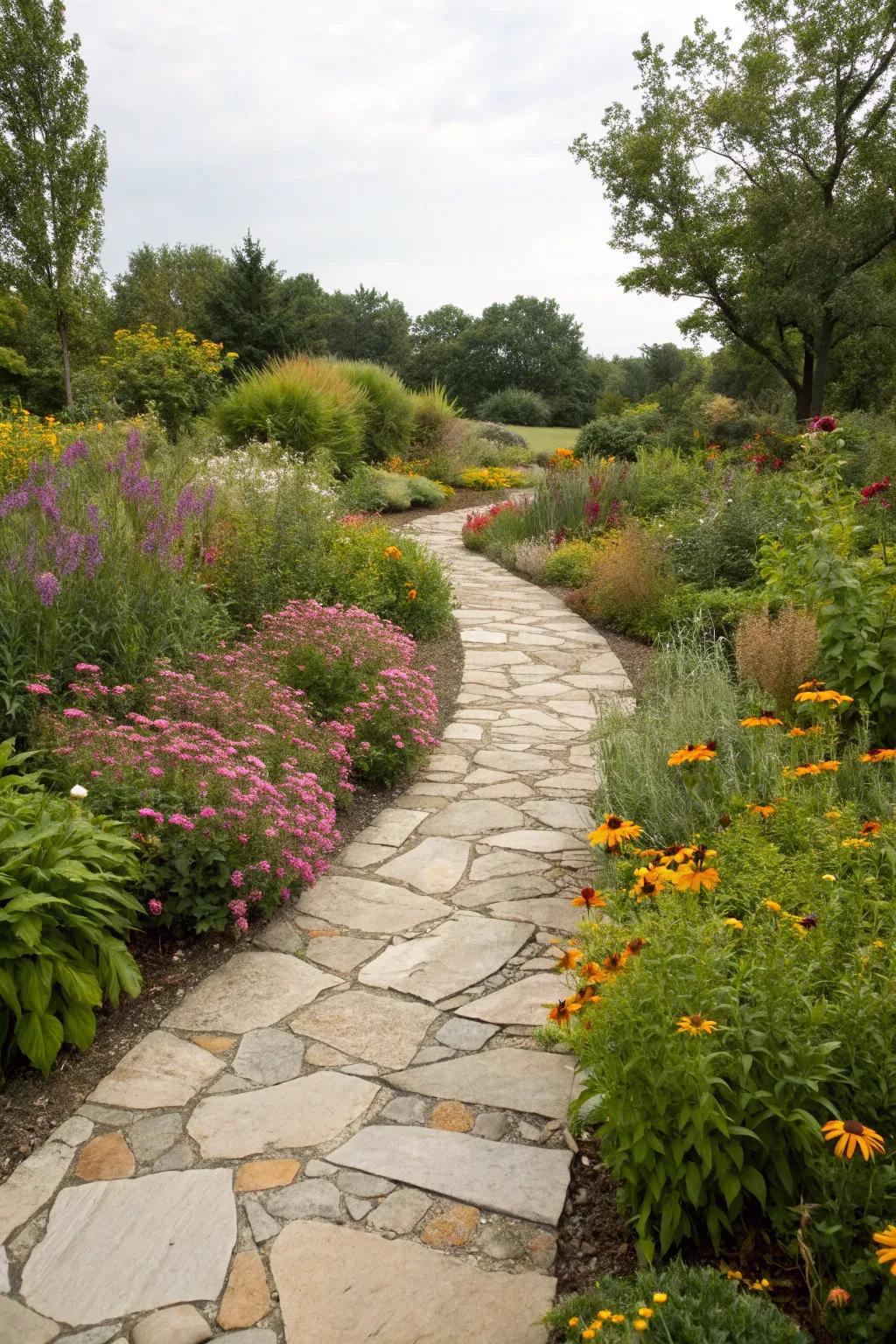 A winding stone pathway inviting exploration in a Kansas garden.