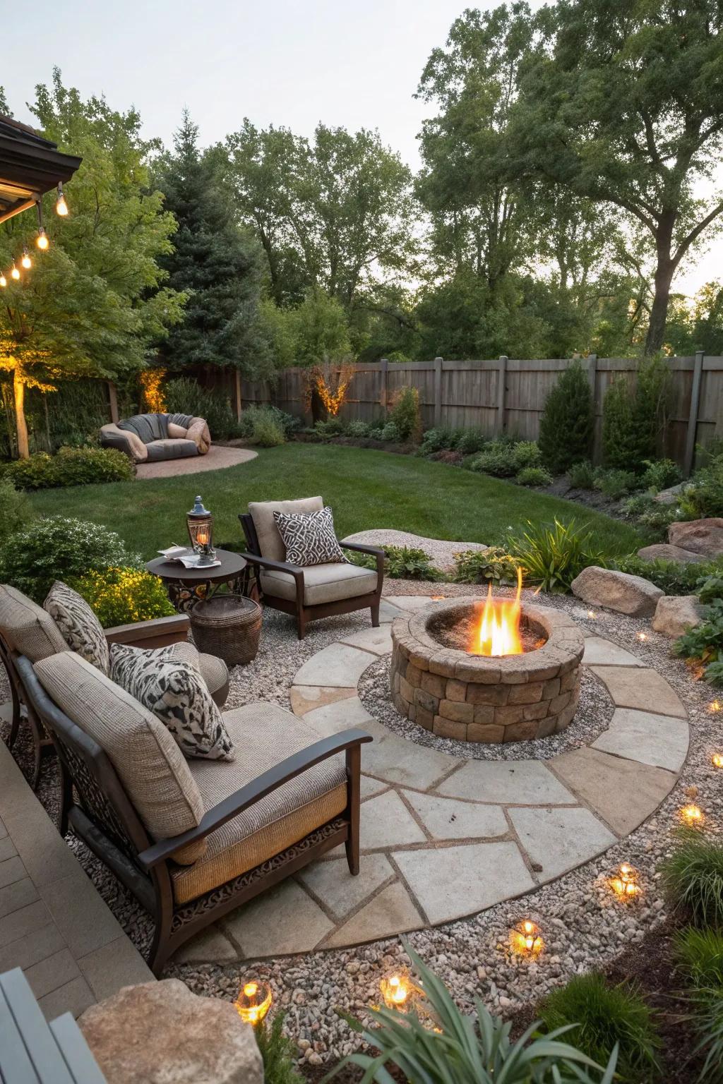 A cozy fire pit area in a Kansas backyard, perfect for gatherings.