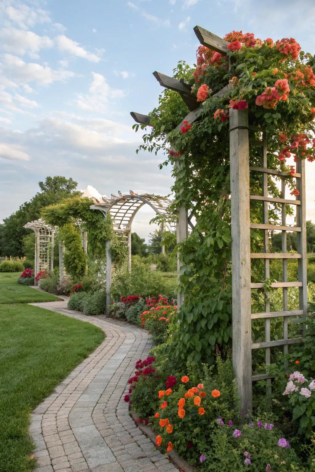 Trellises and arbors adding height and elegance to a Kansas garden.