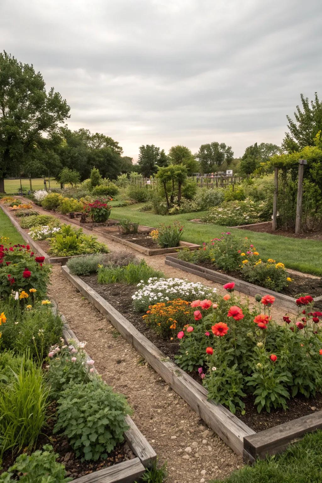 Neatly mulched flower beds keeping the garden tidy and healthy.