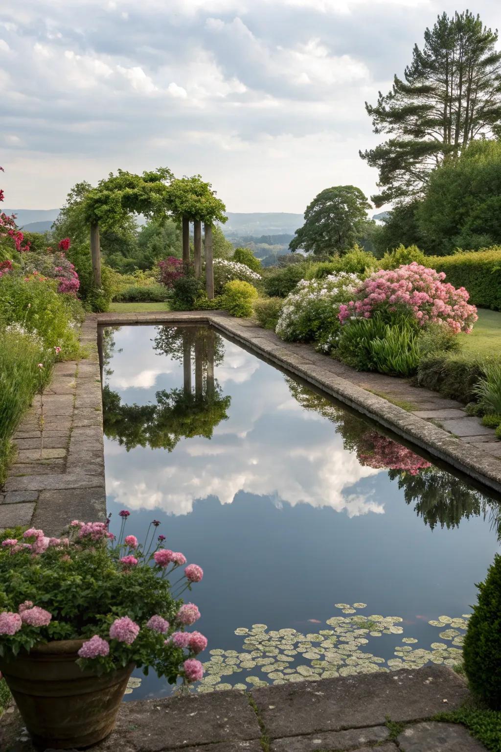 Water mirrors enhance garden elegance and depth.