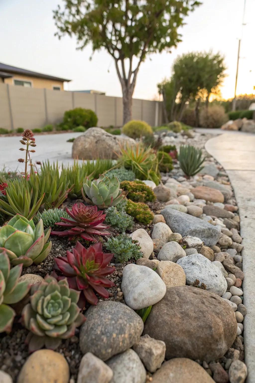 Rock gardens offer texture and low-maintenance beauty.