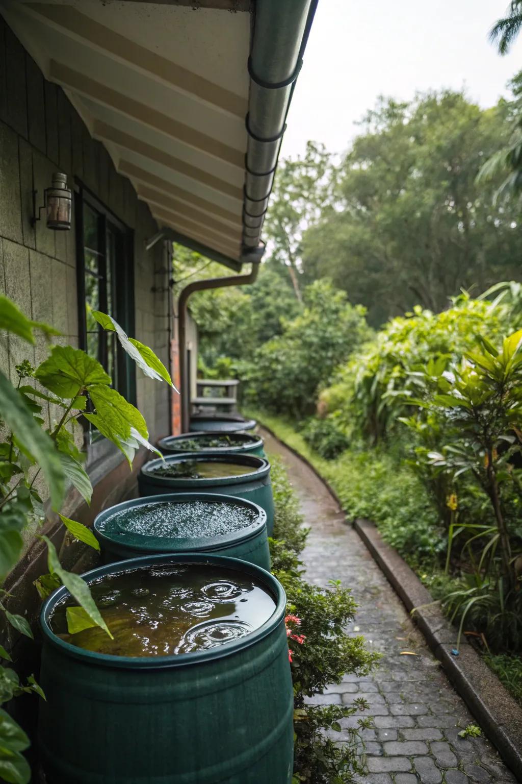 Rainwater collection barrels efficiently gathering water.