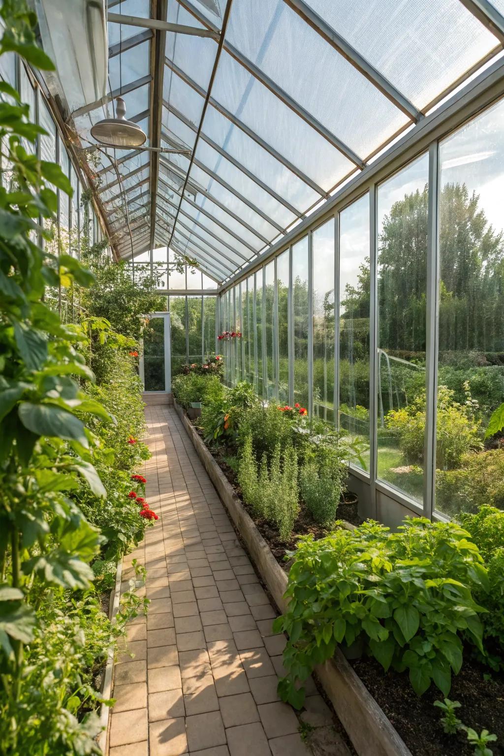 A passive solar greenhouse brimming with plant life.