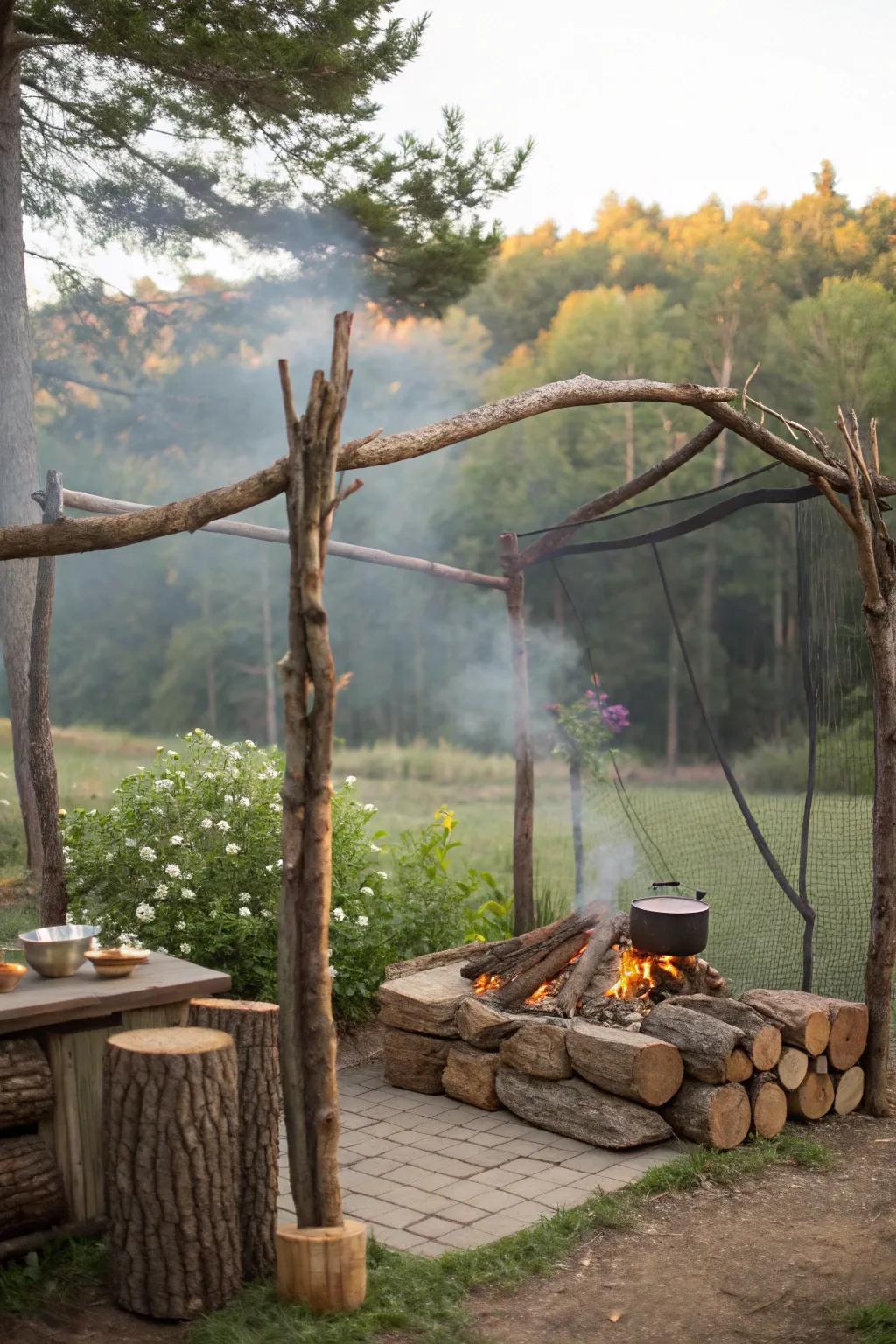 A DIY windshield providing shelter for outdoor cooking.