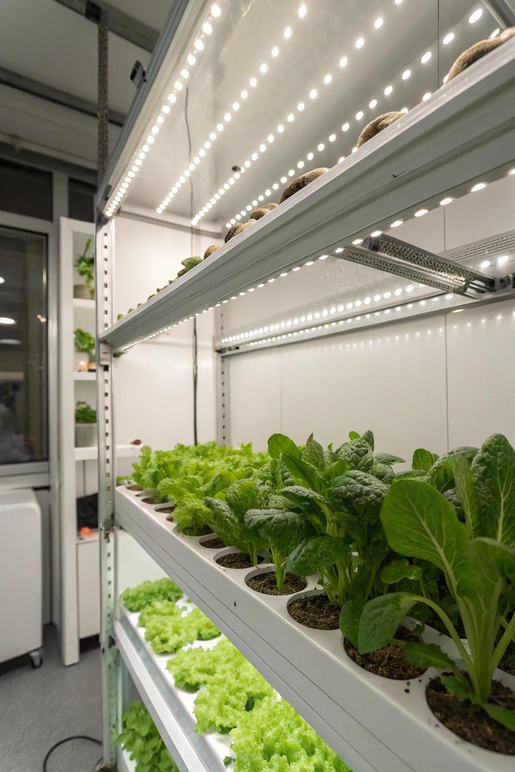 A compact hydroponic system growing fresh greens indoors.