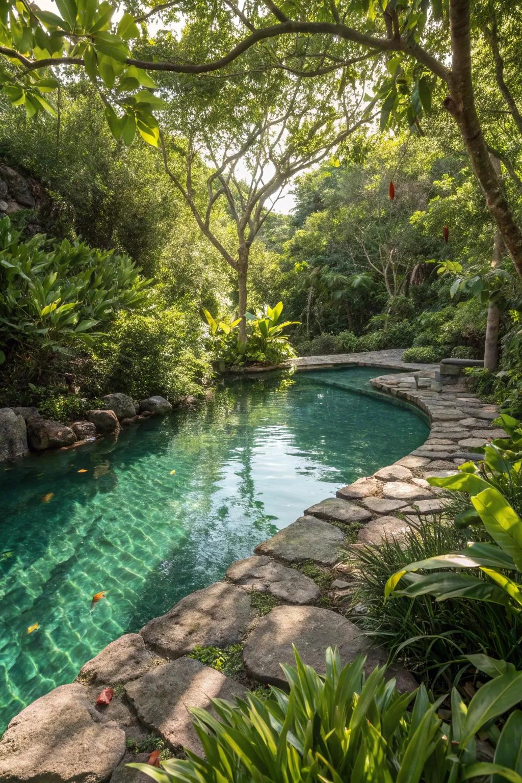 A natural swimming pool surrounded by vibrant greenery.