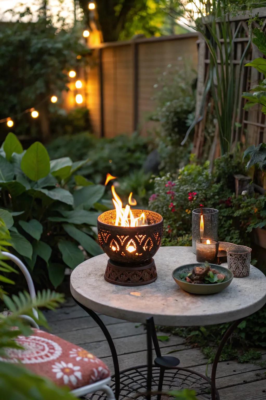 A mini fire pit brings warmth and fun to intimate gatherings.
