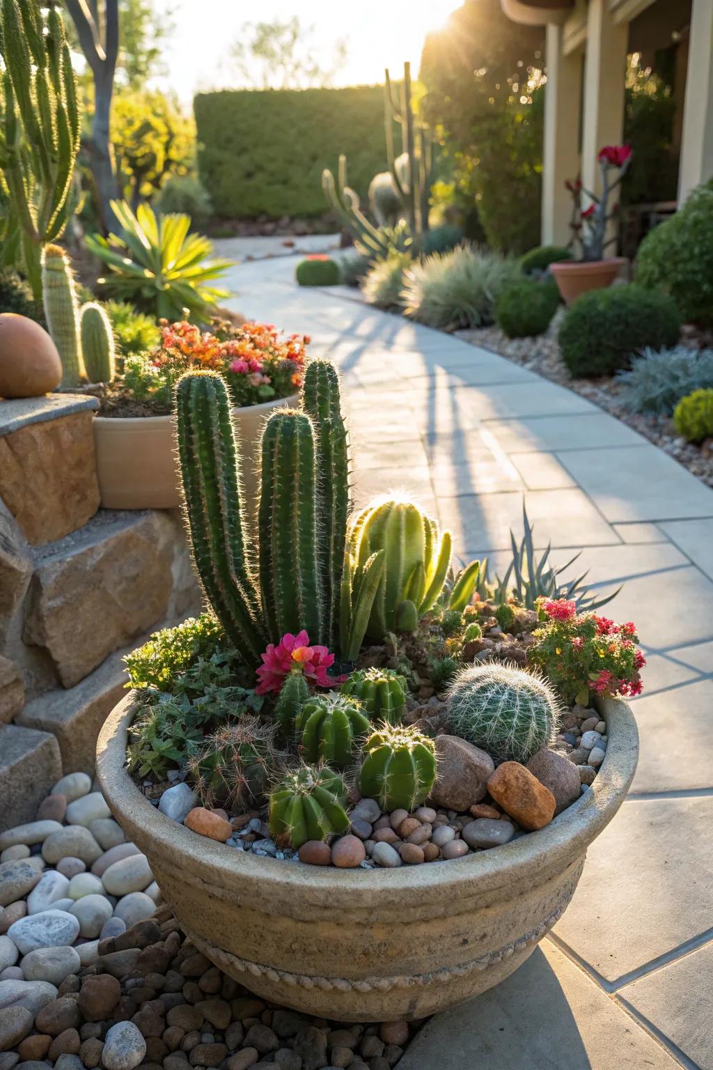 Create a desert vibe with cacti and rocks.