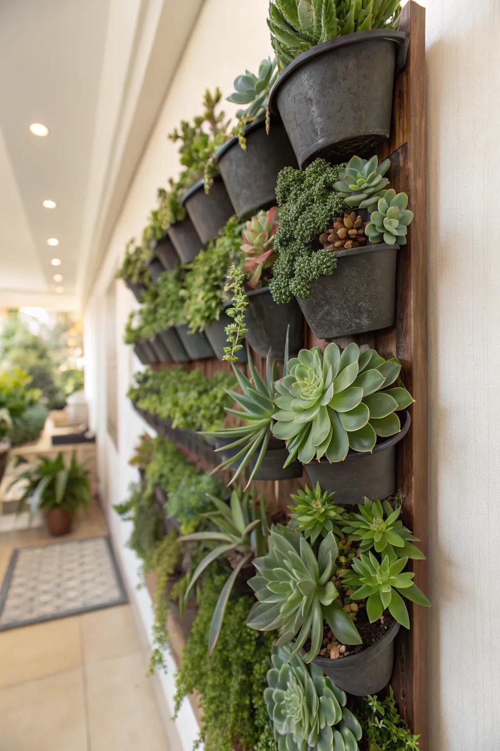 Vertical gardening with succulents maximizes space.