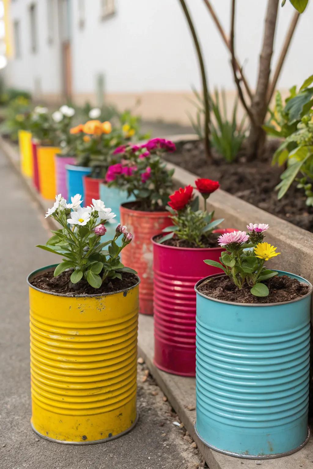 Upcycle tin cans into colorful garden planters.