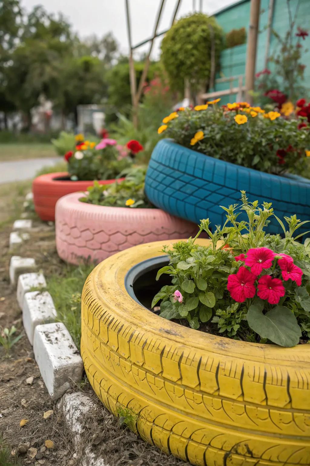 Turn old tires into colorful, durable planters.