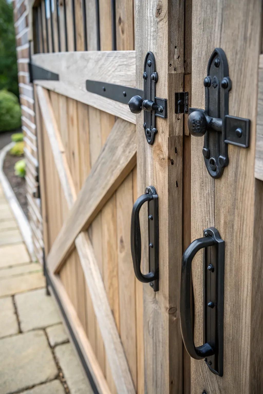 Stylish black metal hinges and handles on a wooden gate.