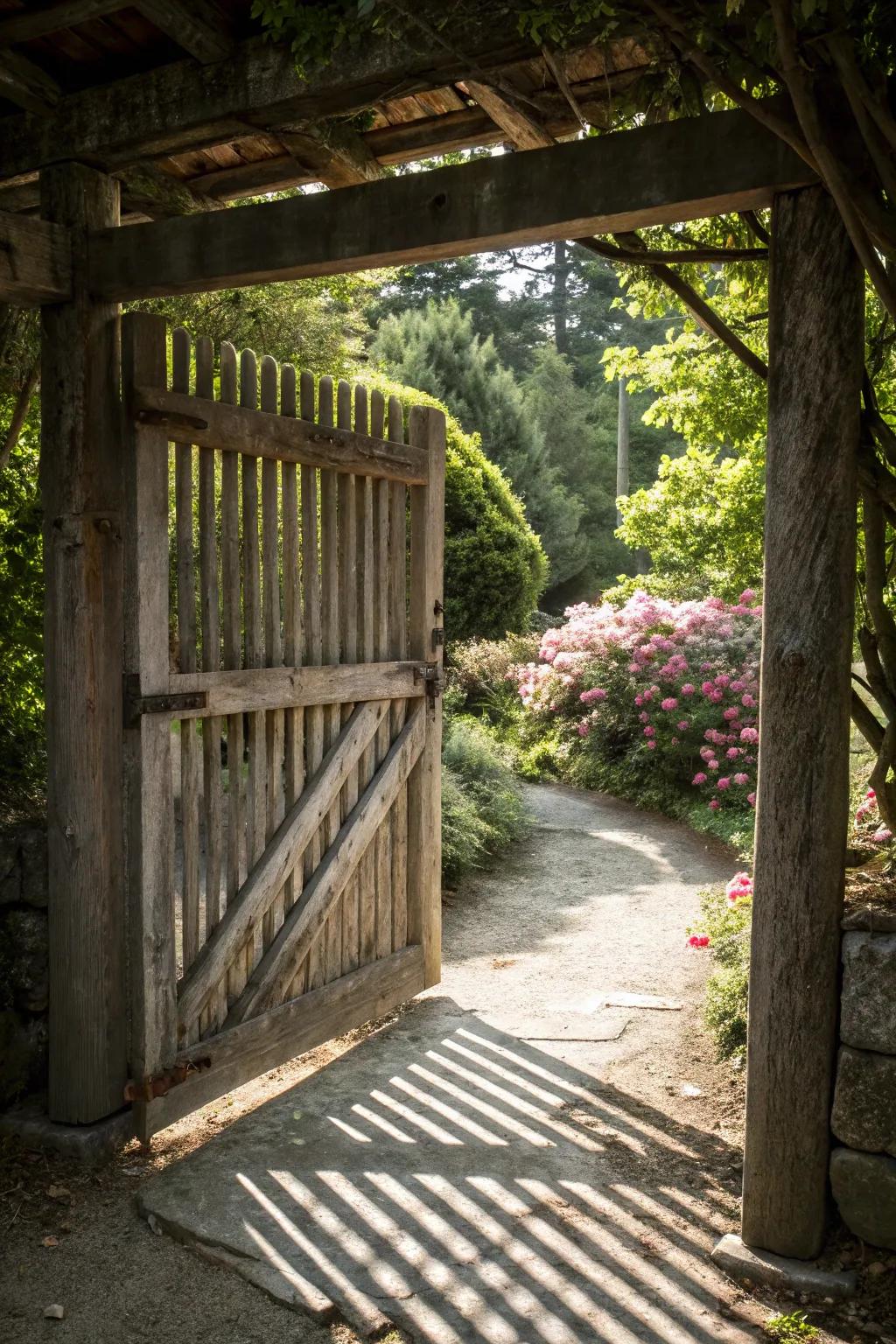 A wooden gate with a peek-through design to allow in light.