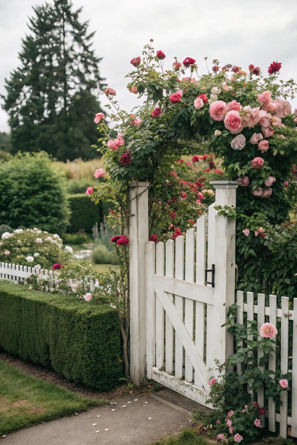 A traditional white picket gate surrounded by blooming roses.