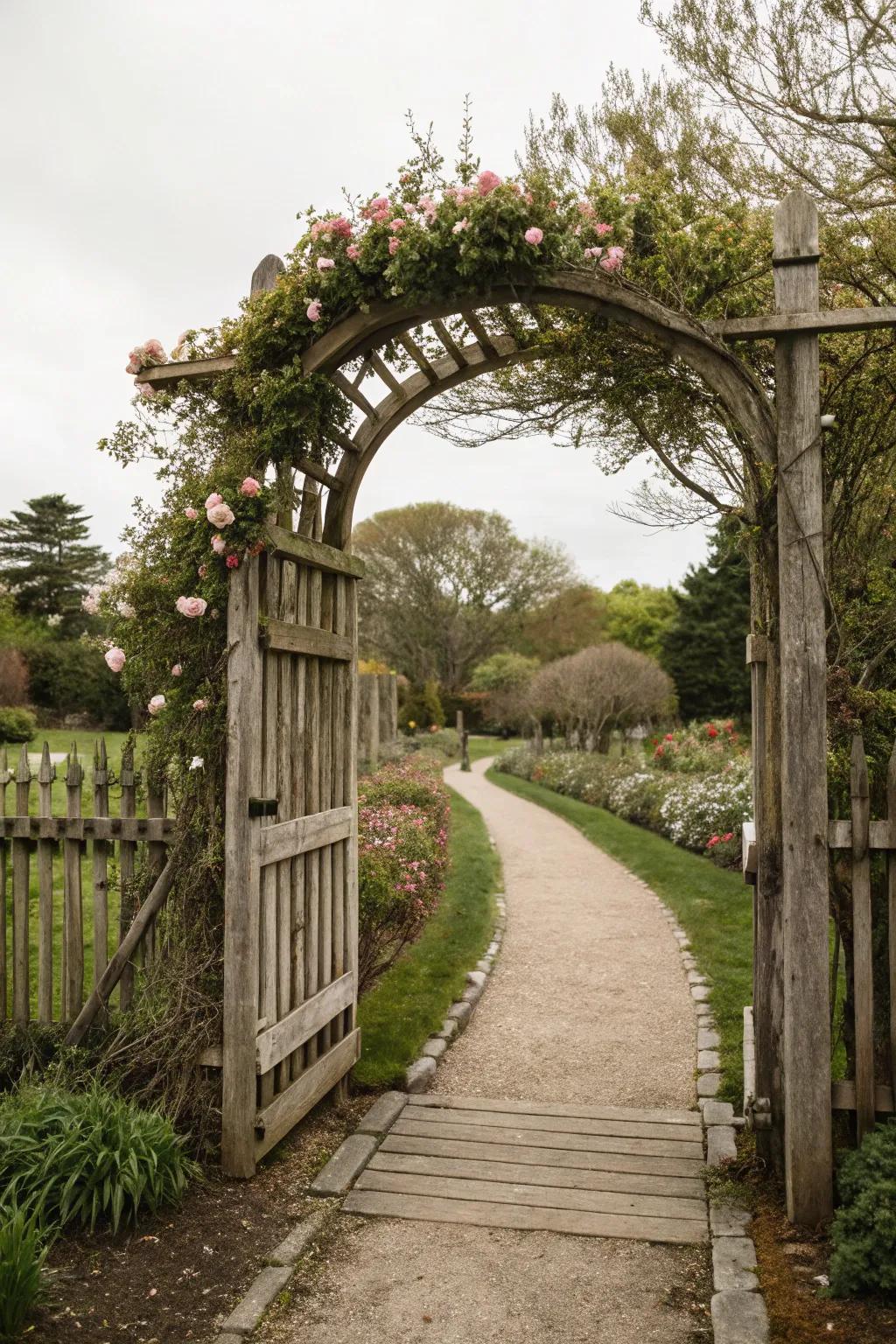 An elegantly arched wooden gate leading into a garden path.