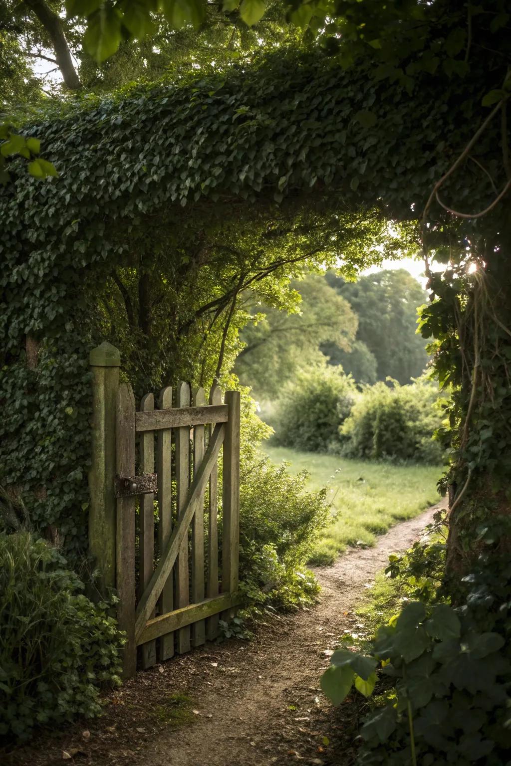 A hidden wooden gate nestled within a lush garden hedge.