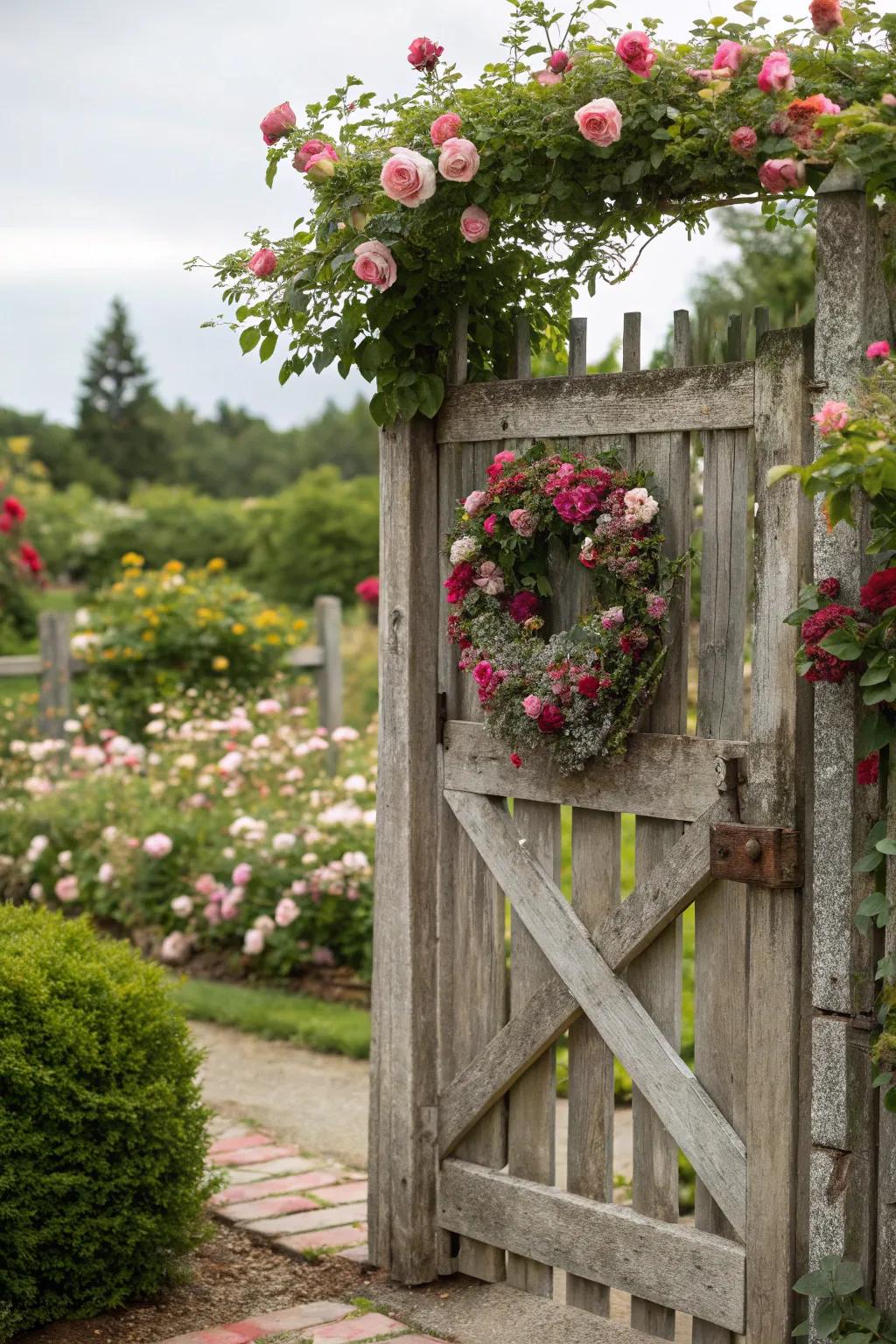 A wooden garden gate adorned with climbing roses and a wreath.