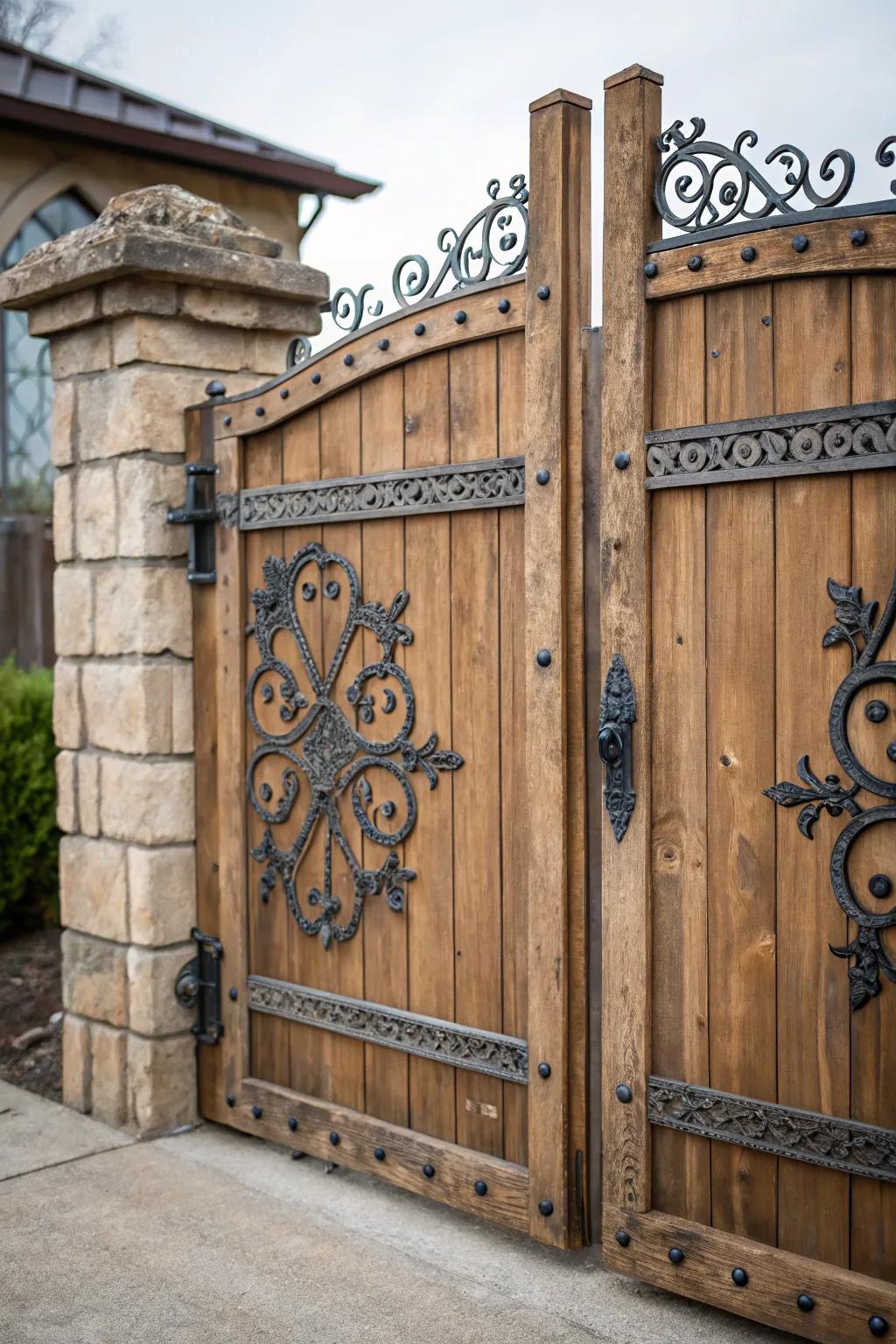 A wooden gate enhanced with elegant wrought iron accents.