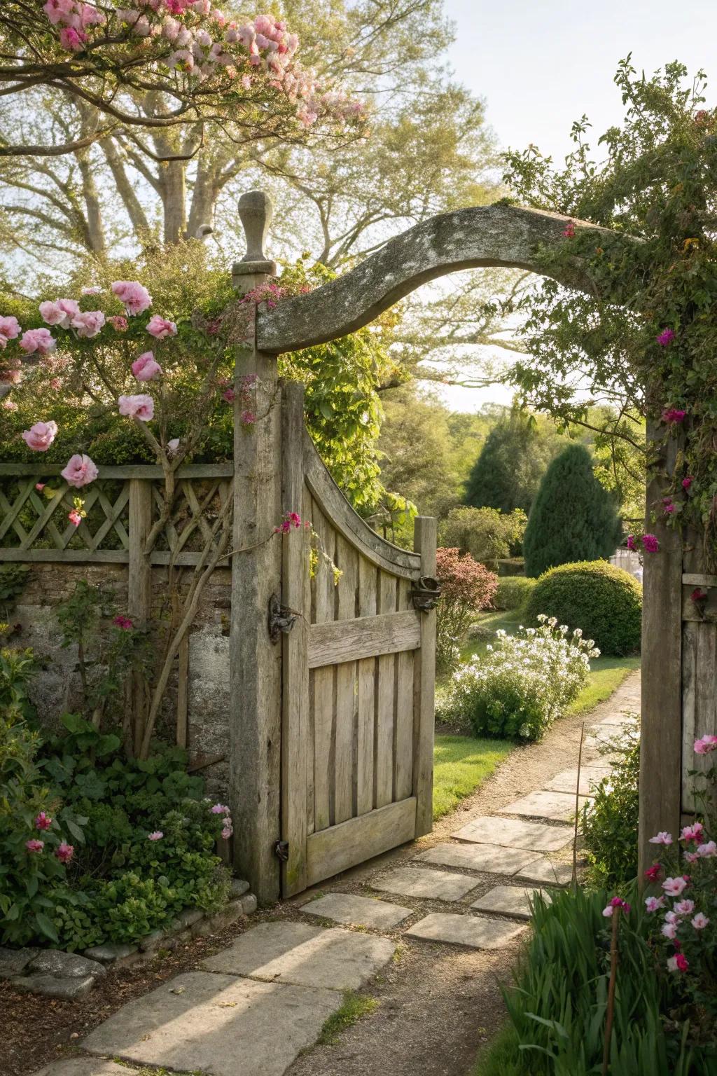 A wooden gate featuring a charming swooping curve on top.