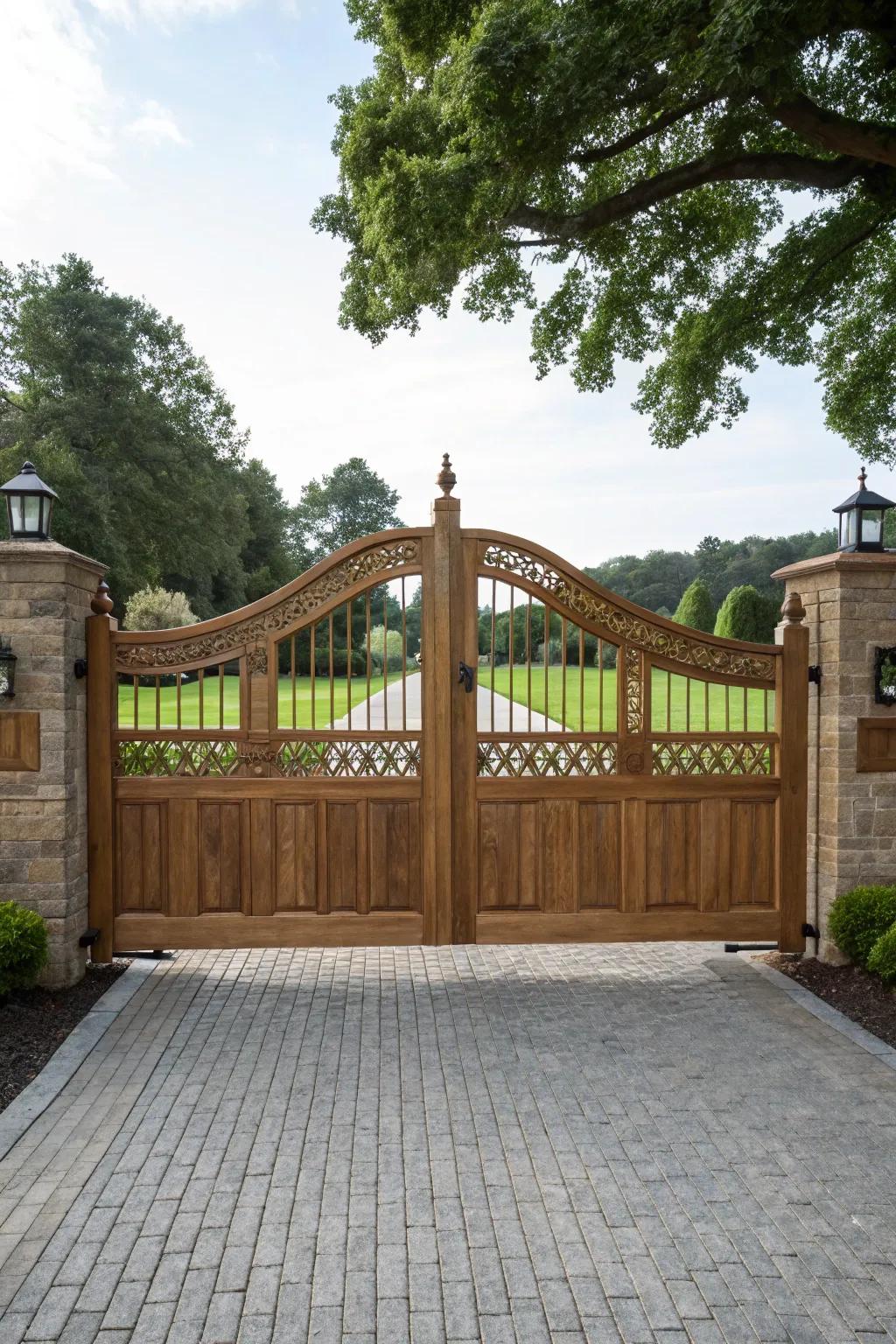 A double wooden gate that adds grandeur to any driveway.