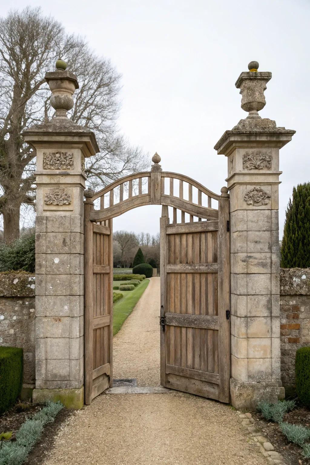 A grand wooden gate framed by elegant stone pillars.