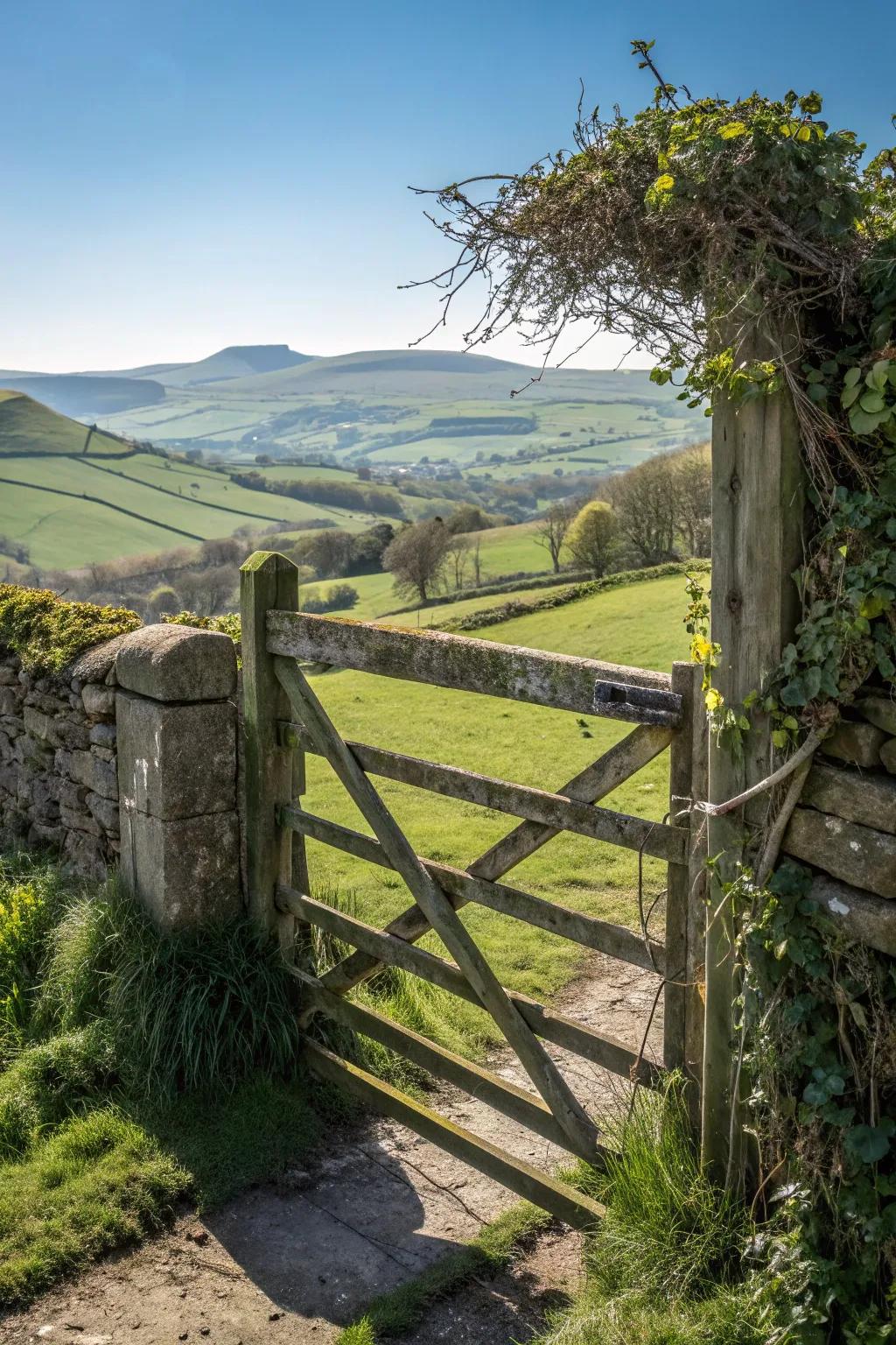 A rustic farmhouse gate made from beautifully weathered wood.