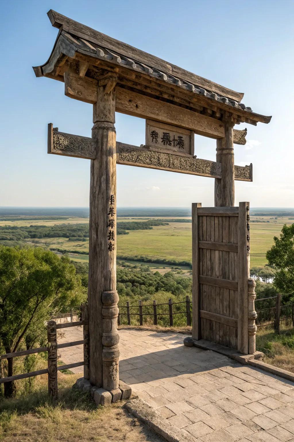 An oversized wooden gate that serves as a statement piece.