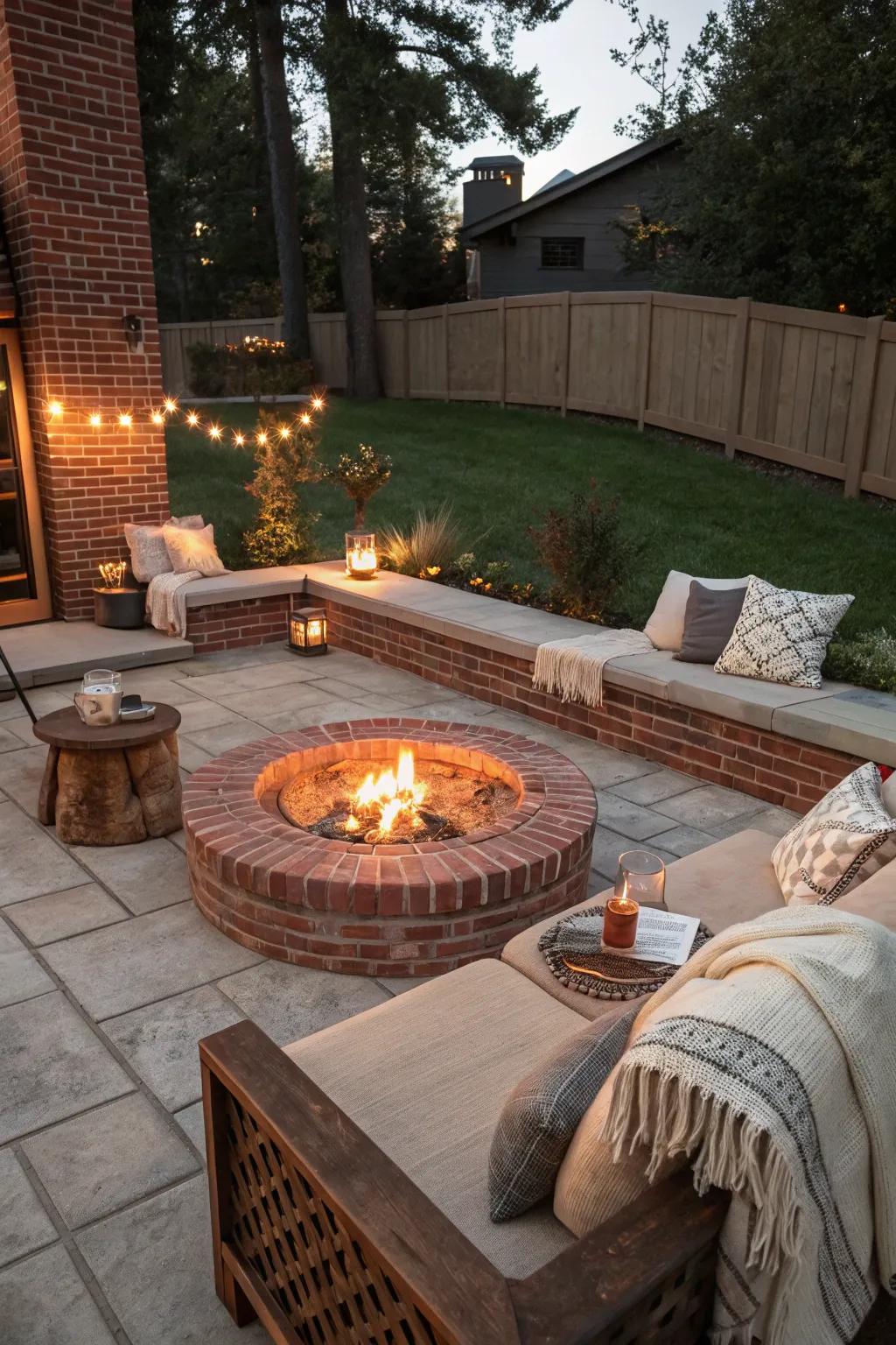 A warm and inviting fire pit area on a concrete patio.