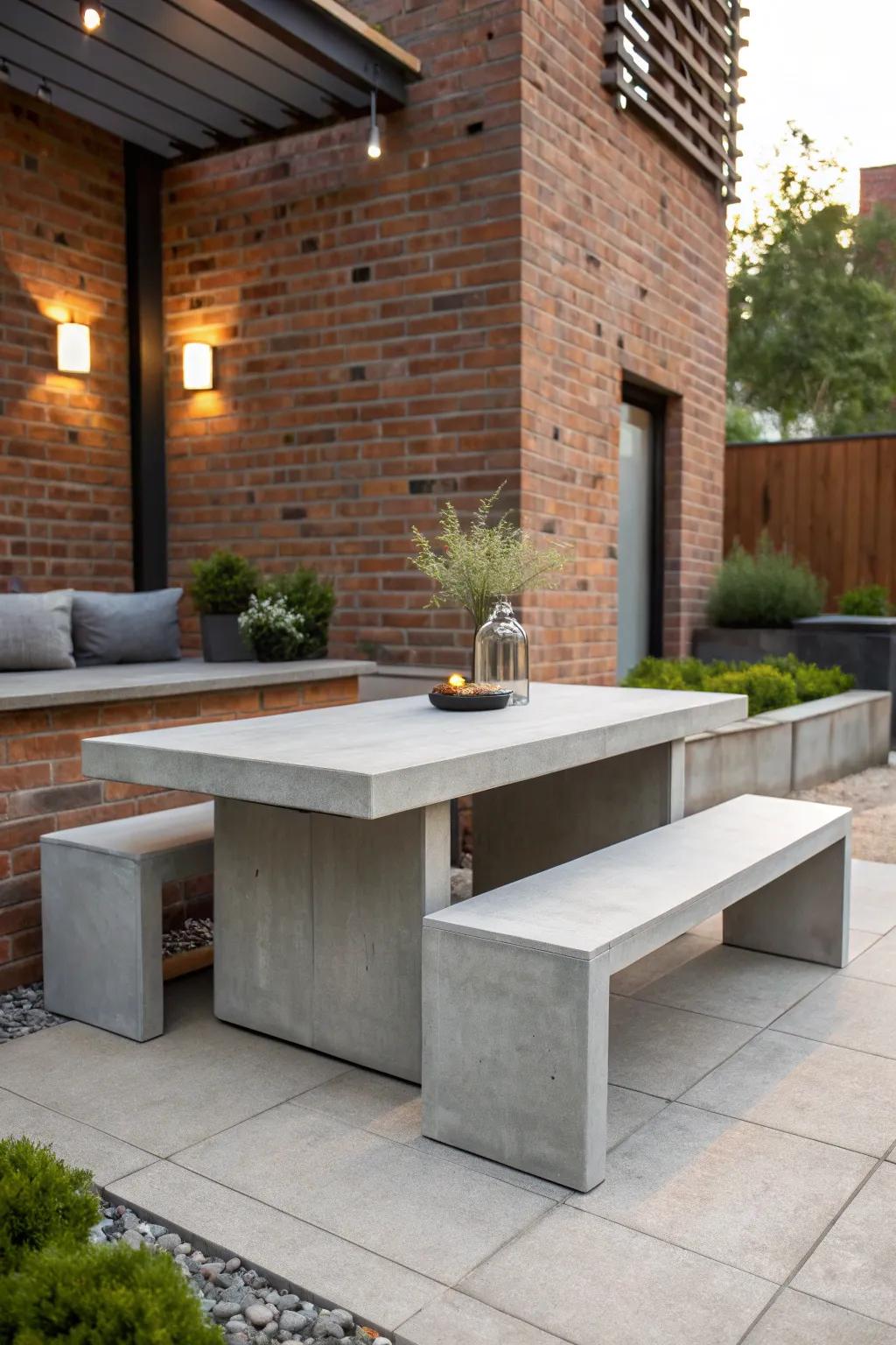 Concrete furniture adds modern elegance to any patio.