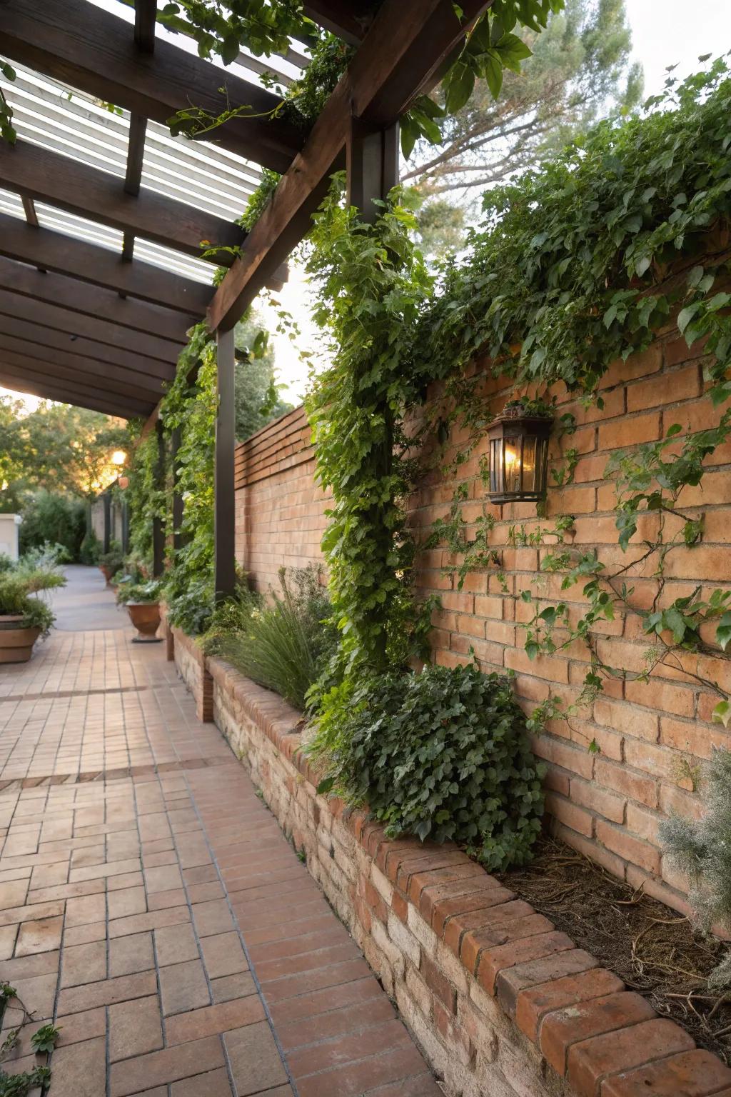 Brick wall feature enhances privacy and rustic charm.