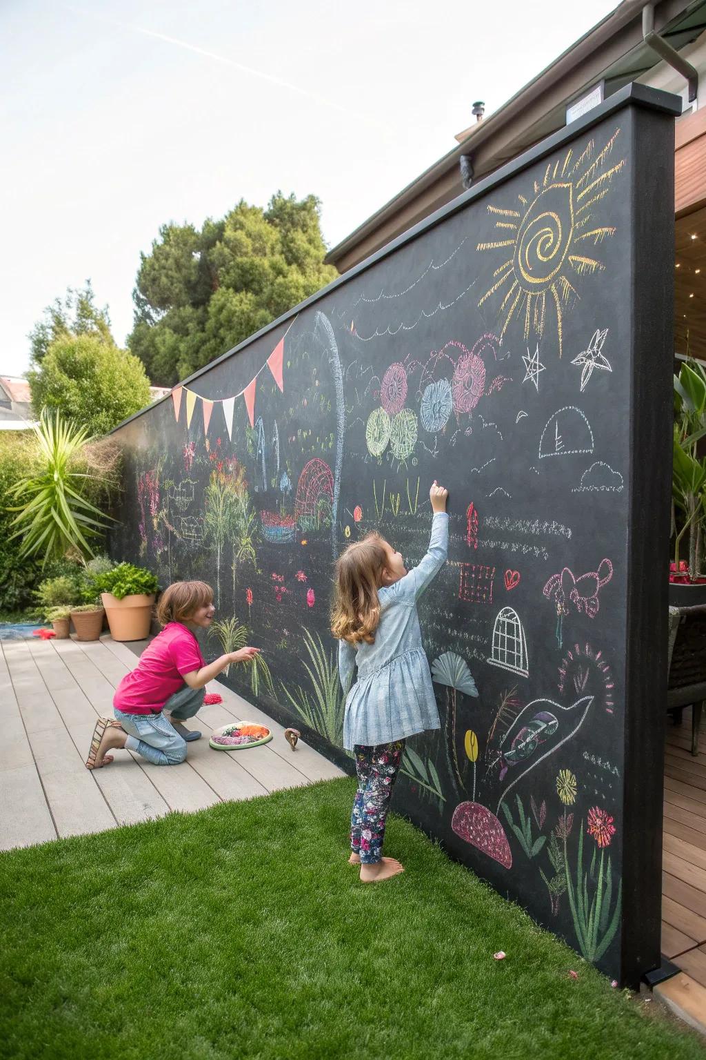 A chalk wall provides an open canvas for creativity.