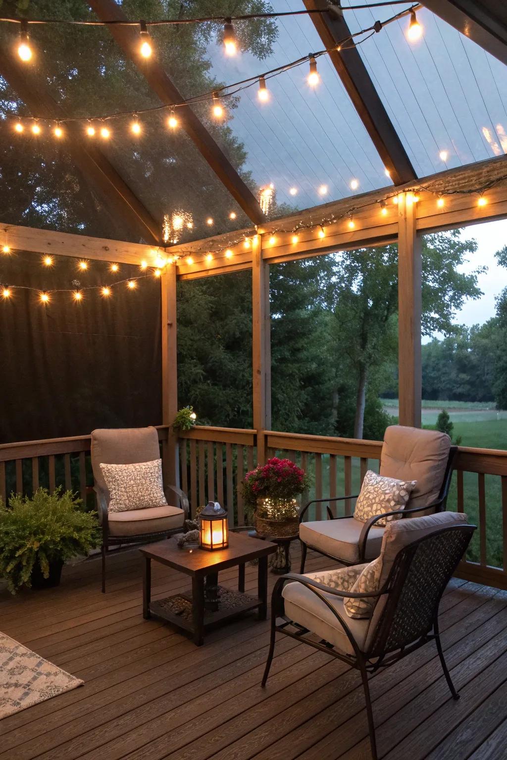 String lights add a magical touch to this inviting space.