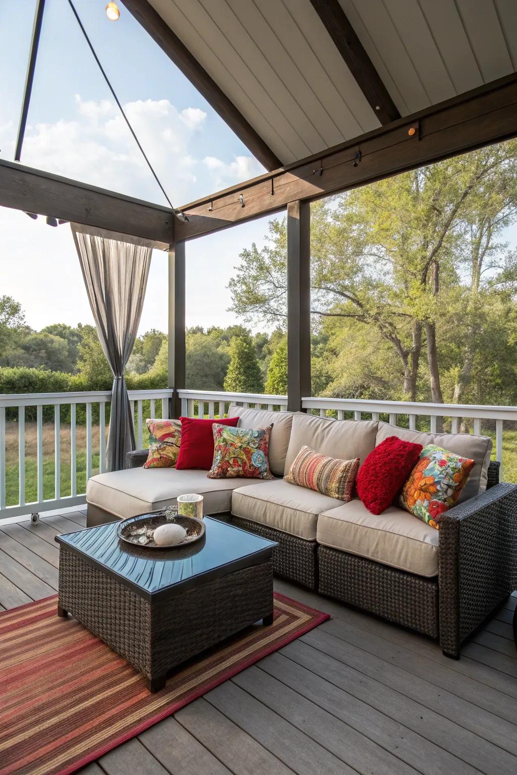 A plush sofa and vibrant pillows create the perfect lounging spot.