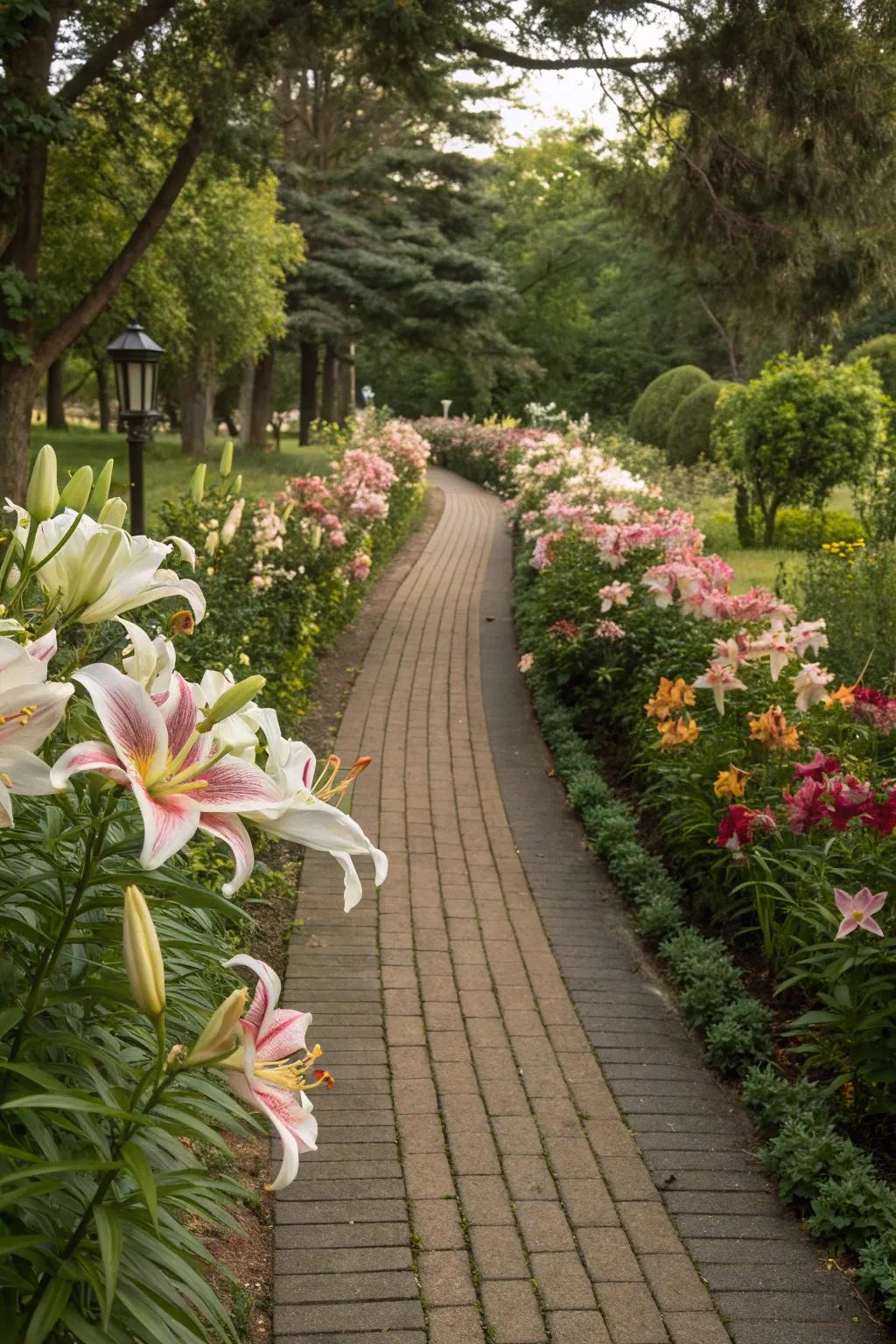 A picturesque walkway lined with beautiful blooming lilies.