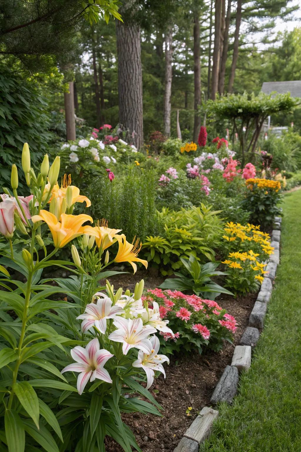 A lush mix of lilies and other perennials creates a diverse garden bed.