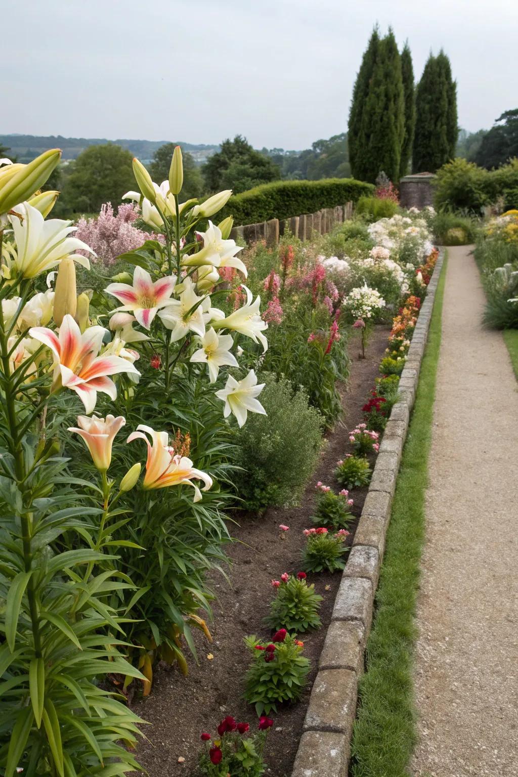 Elegant lilies serve as natural borders in the garden.
