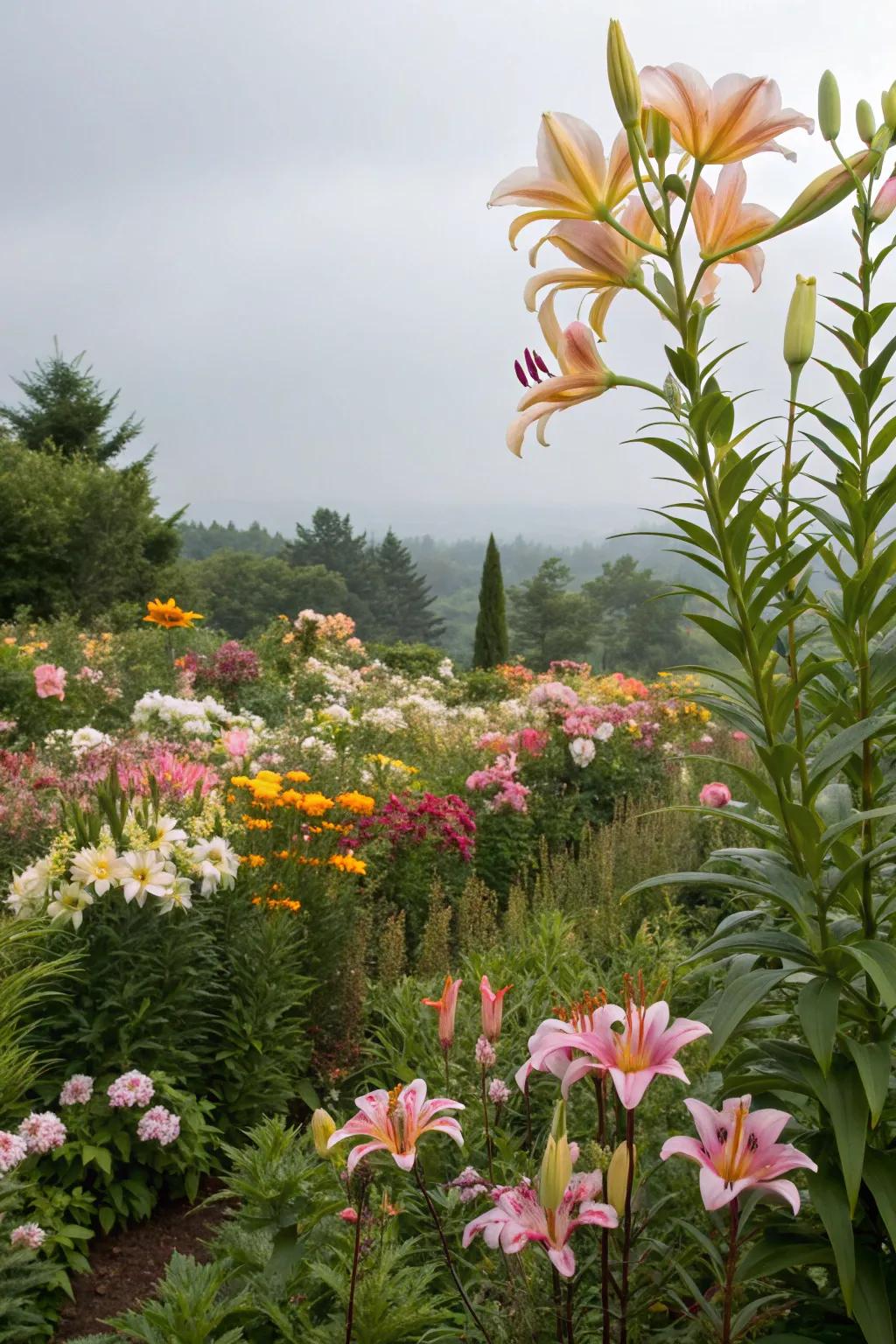Layered planting with lilies adds depth and dimension.