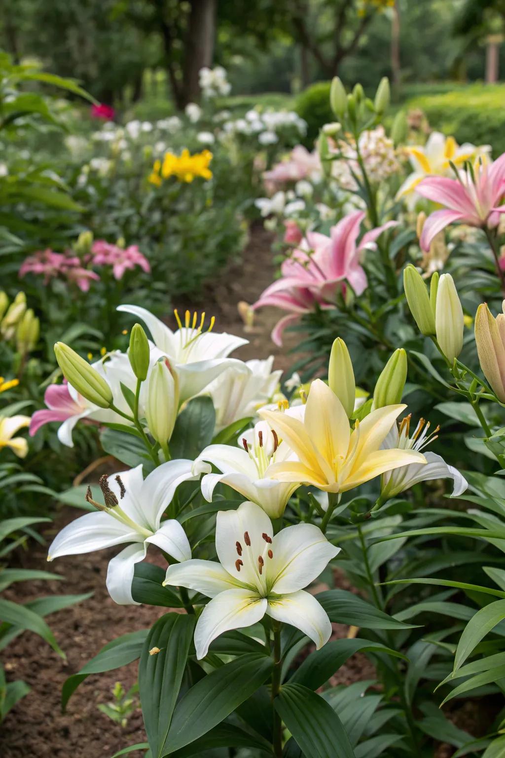 A kaleidoscope of colorful lilies creates a striking garden display.