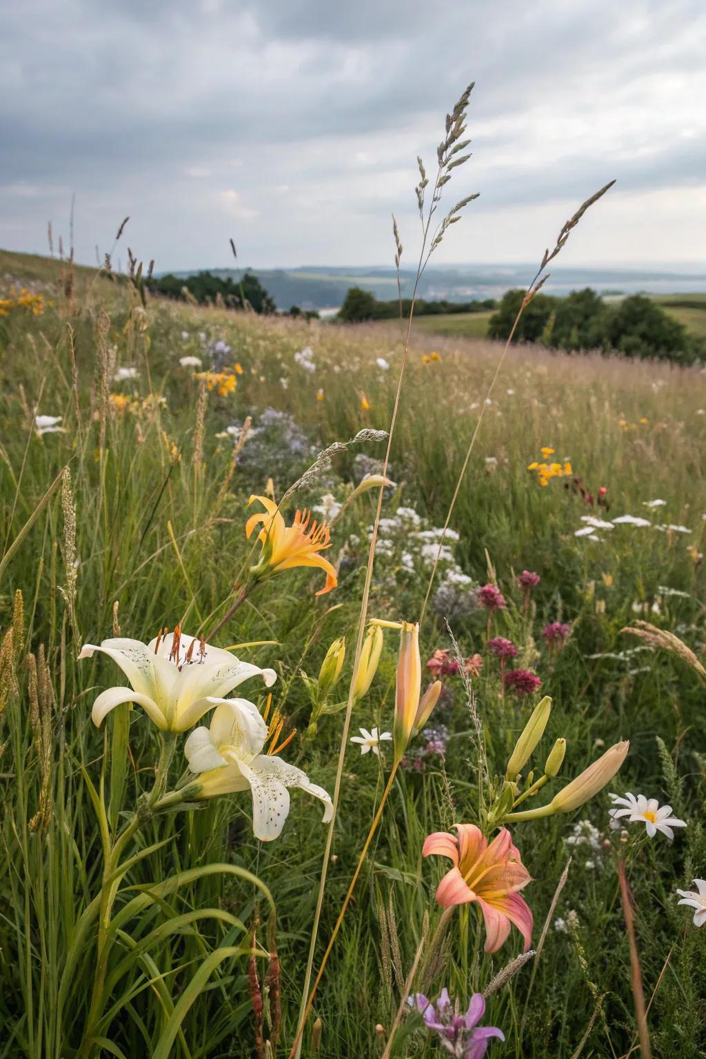 Lilies add charm to a carefree wildflower meadow.