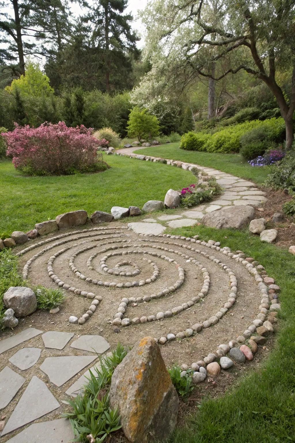 Spiral rock designs add an intriguing visual element.